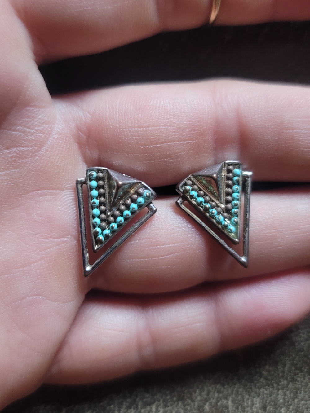 Vintage Silver Triangle Stud Earrings with Turquoise Beads - Blue/Green